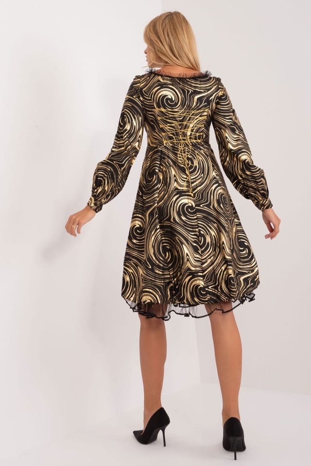 Love Lace Love Lace Women's Printed Flared Evening Dress with Long Sleeves in Black - 3