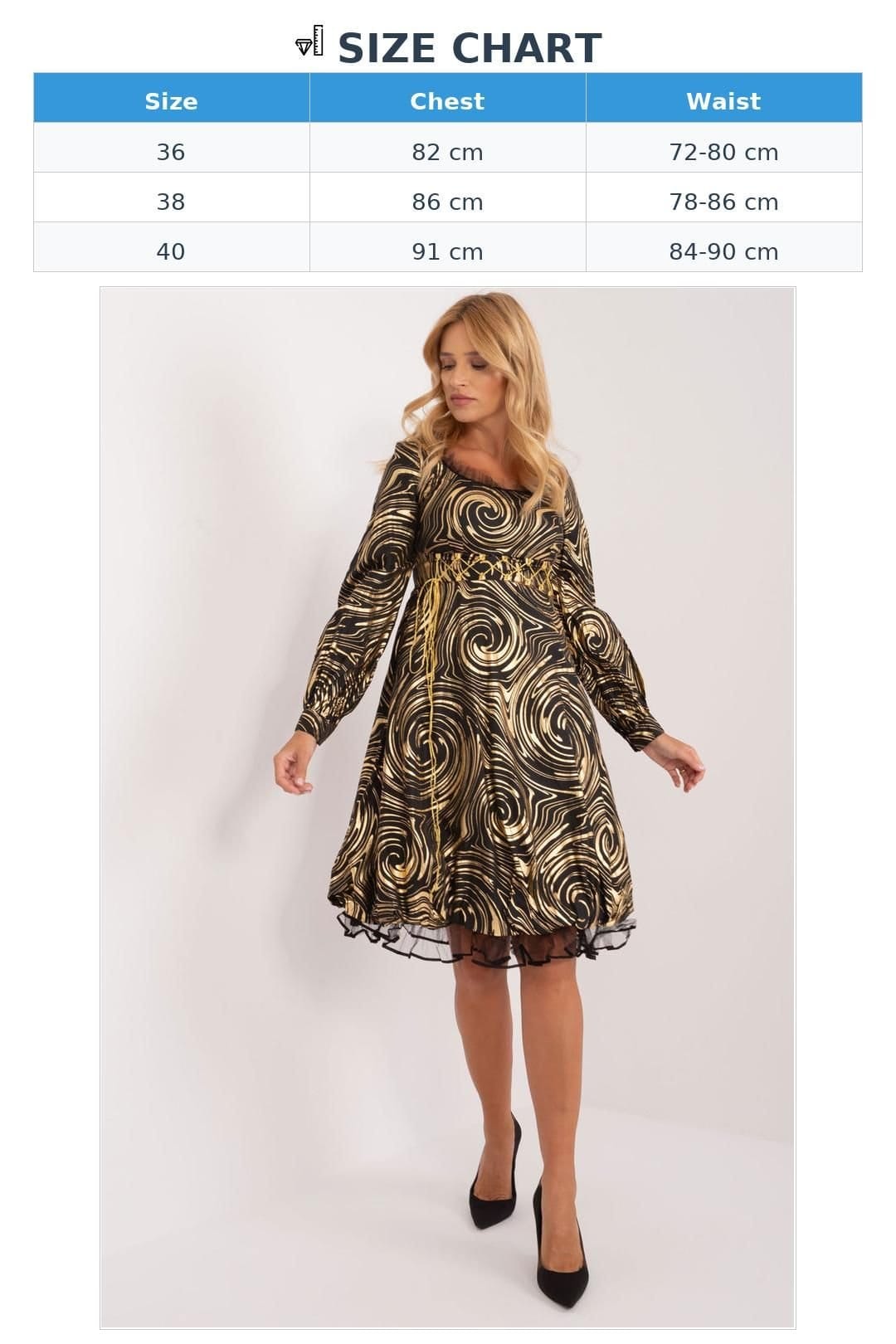 Love Lace Love Lace Women's Printed Flared Evening Dress with Long Sleeves in Black - 4