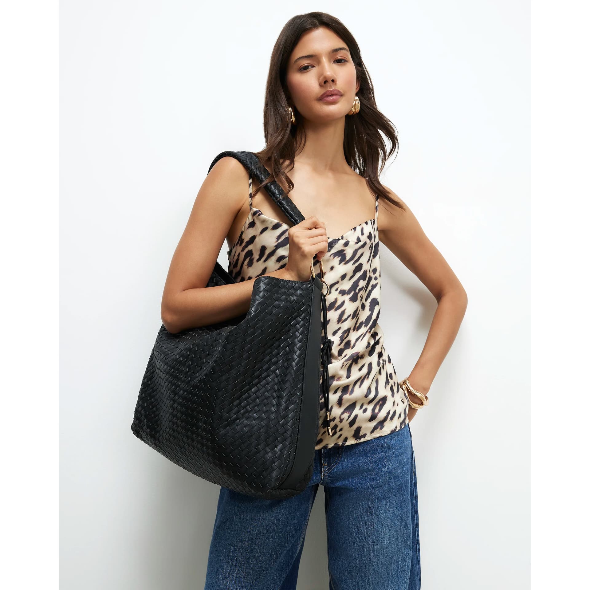 River Island River Island Womens Black Faux Leather Woven Slouch Shoulder Bag