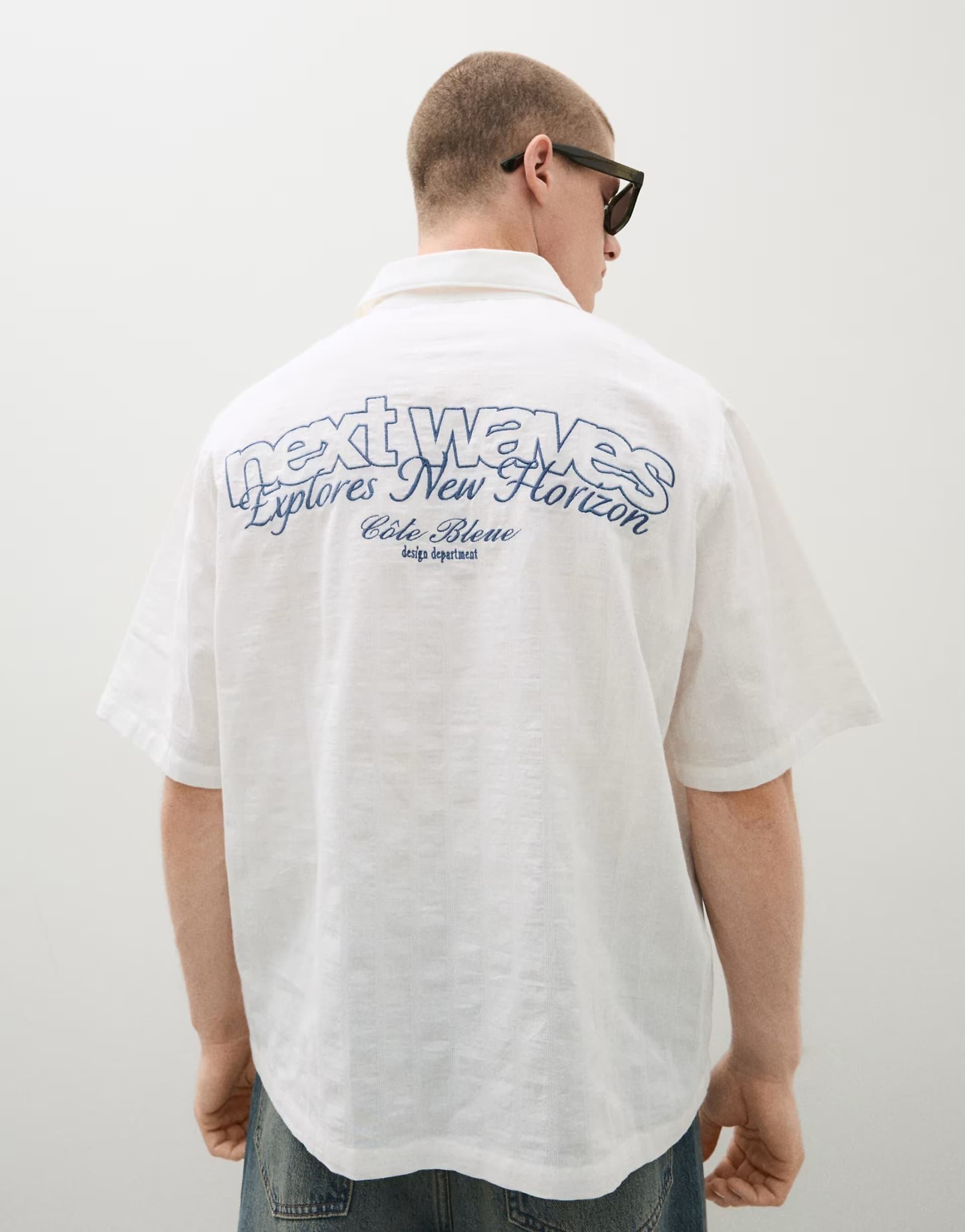 ASOS Bershka Short sleeve rustic textured shirt with print in white