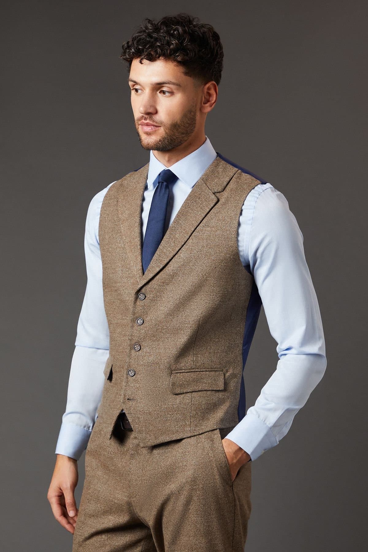 Burton Burton Men's Light Brown Tweed Look Waistcoat
