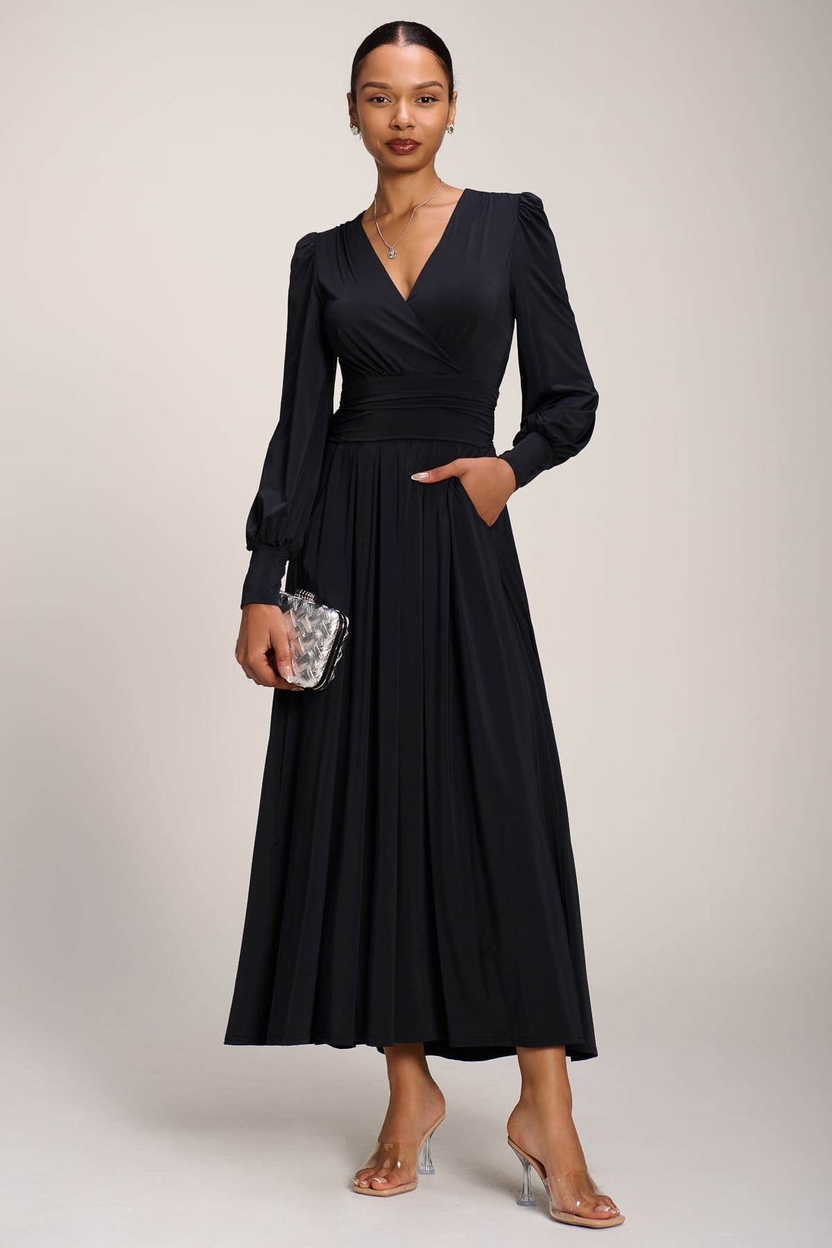 Jolie Moi Black Jersey Wrap Maxi Dress