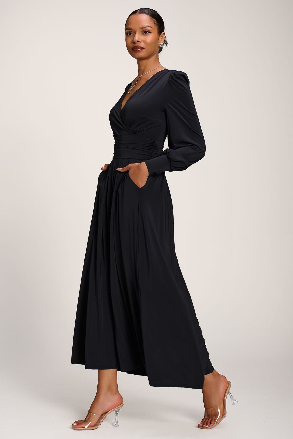 Jolie Moi Jolie Moi Women's Long Sleeve Soft Jersey Maxi Dress in Black - 4