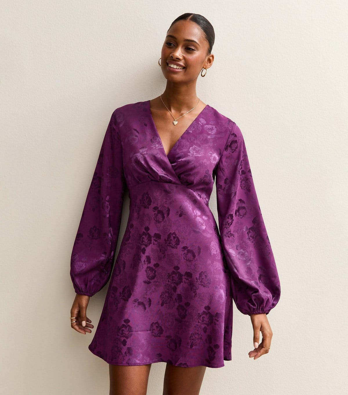 New Look Purple Floral Jacquard V-Neck Mini Dress