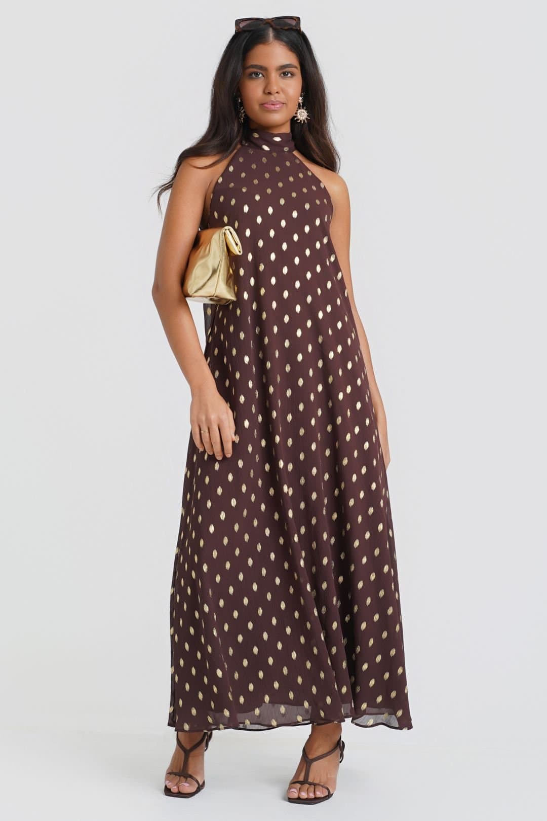 Needs No Label Needs No Label Women's Dark Brown Foil Halter Maxi Dress