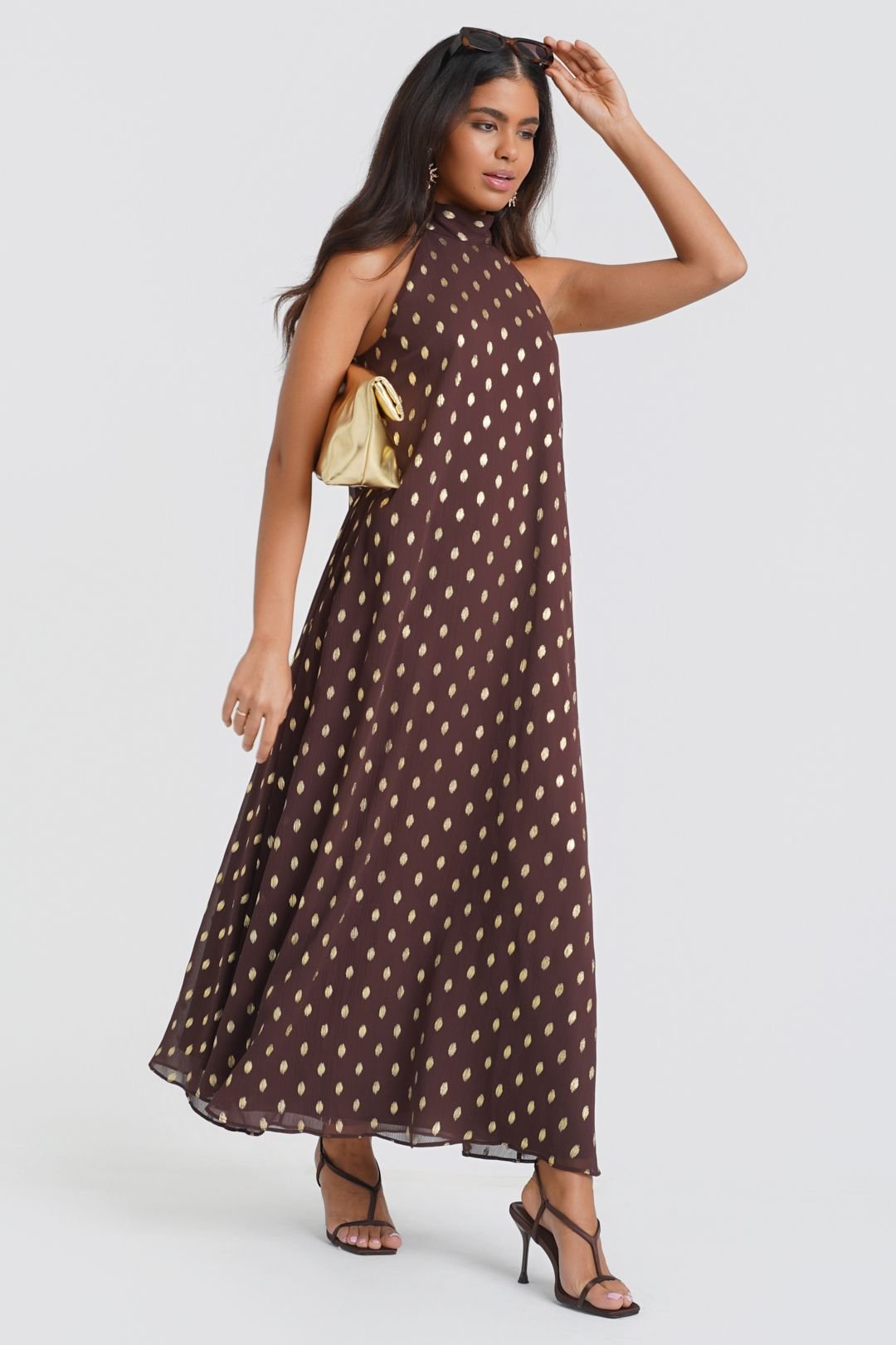 Needs No Label Needs No Label Women's Dark Brown Foil Halter Maxi Dress - 2