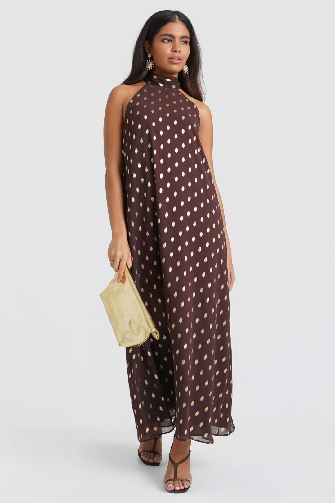 Needs No Label Needs No Label Women's Dark Brown Foil Halter Maxi Dress - 3