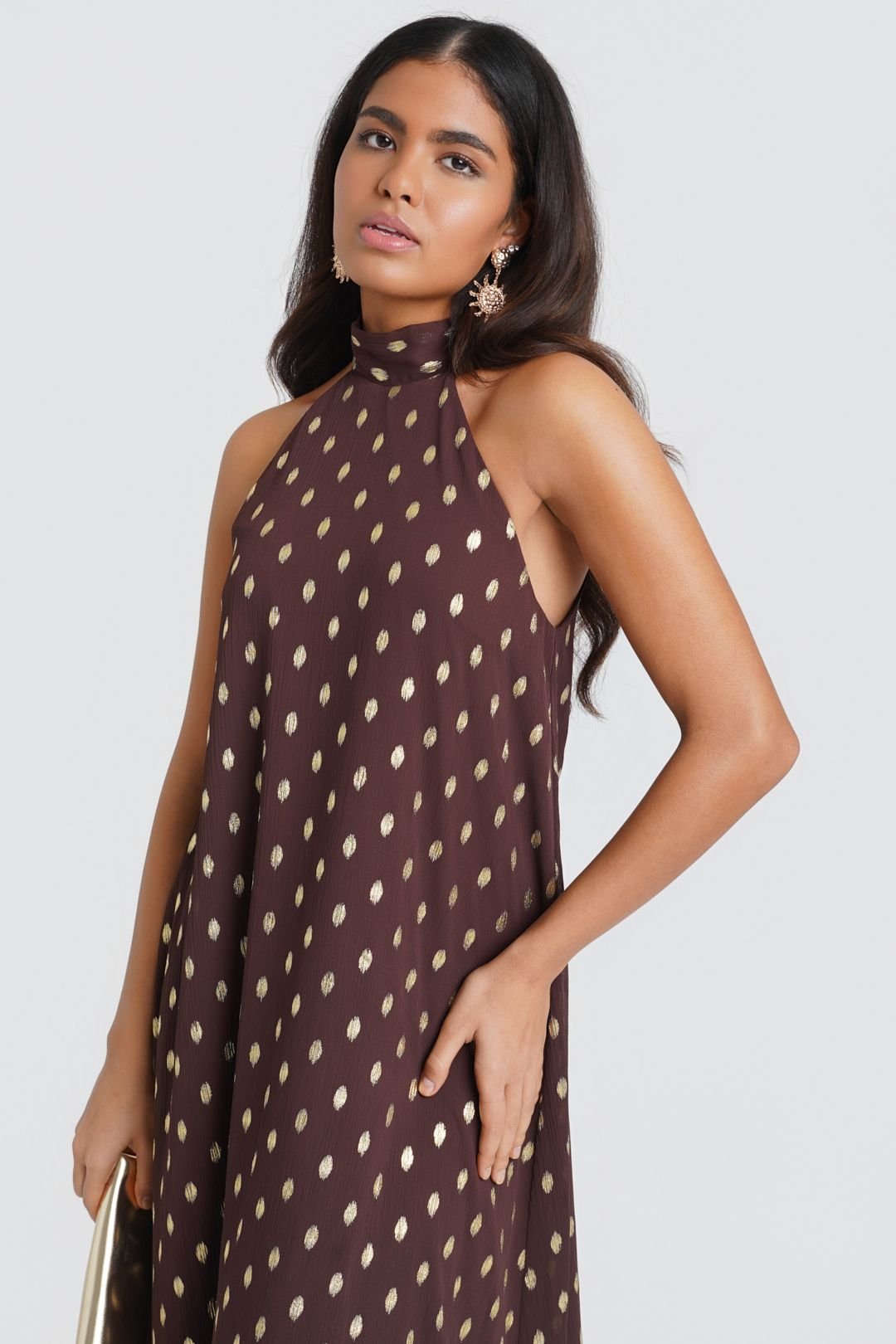 Needs No Label Needs No Label Women's Dark Brown Foil Halter Maxi Dress - 4