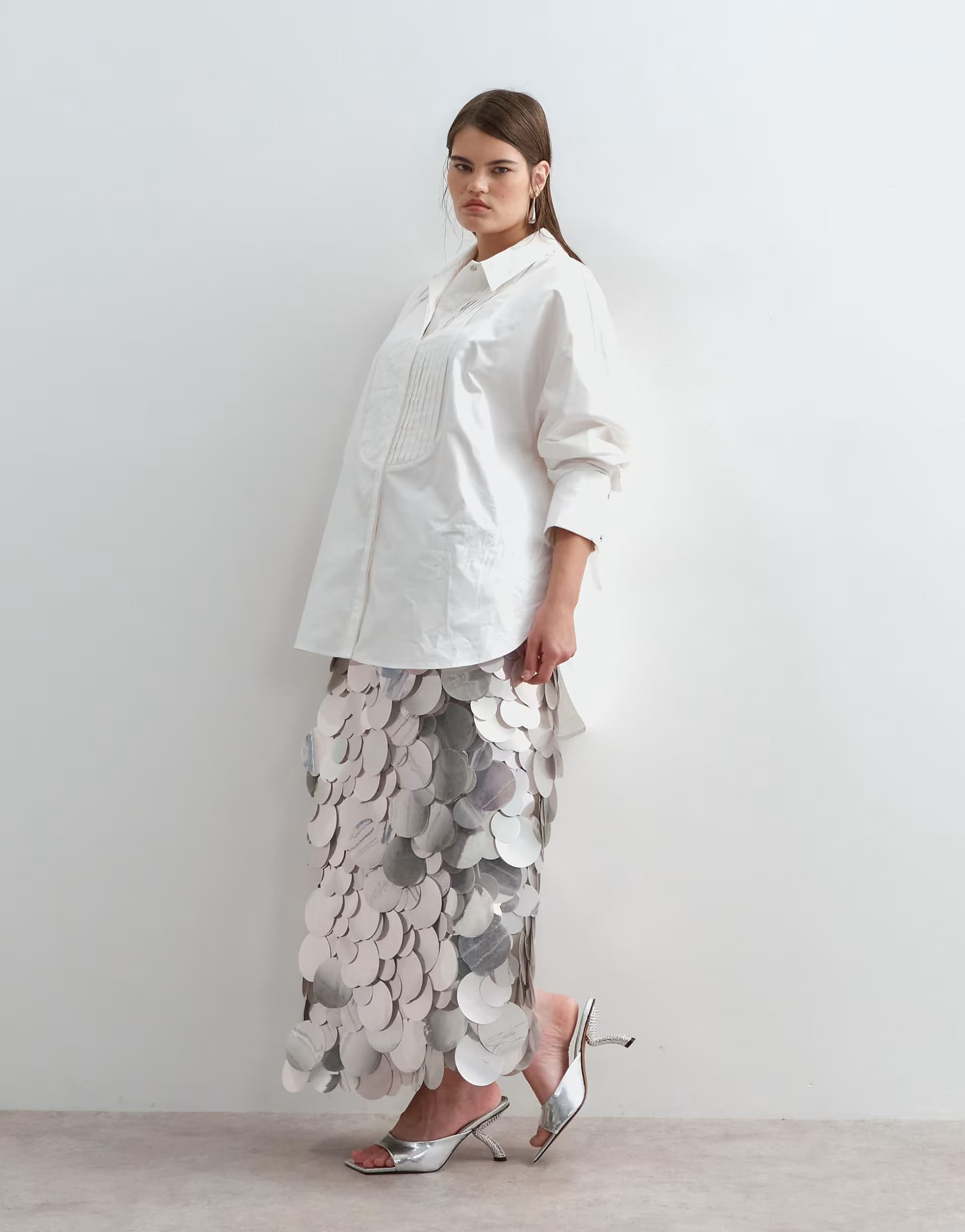 ASOS ARRANGE Curve mirror paillette column maxi skirt in silver