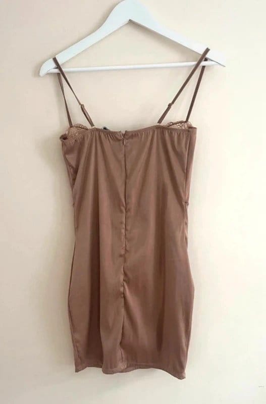 Fashion Nova 🤎Fashion Nova Brown Satin Corset Mini Dress Bodycon Strappy Bustier UK M 10 12 Y2K - 1