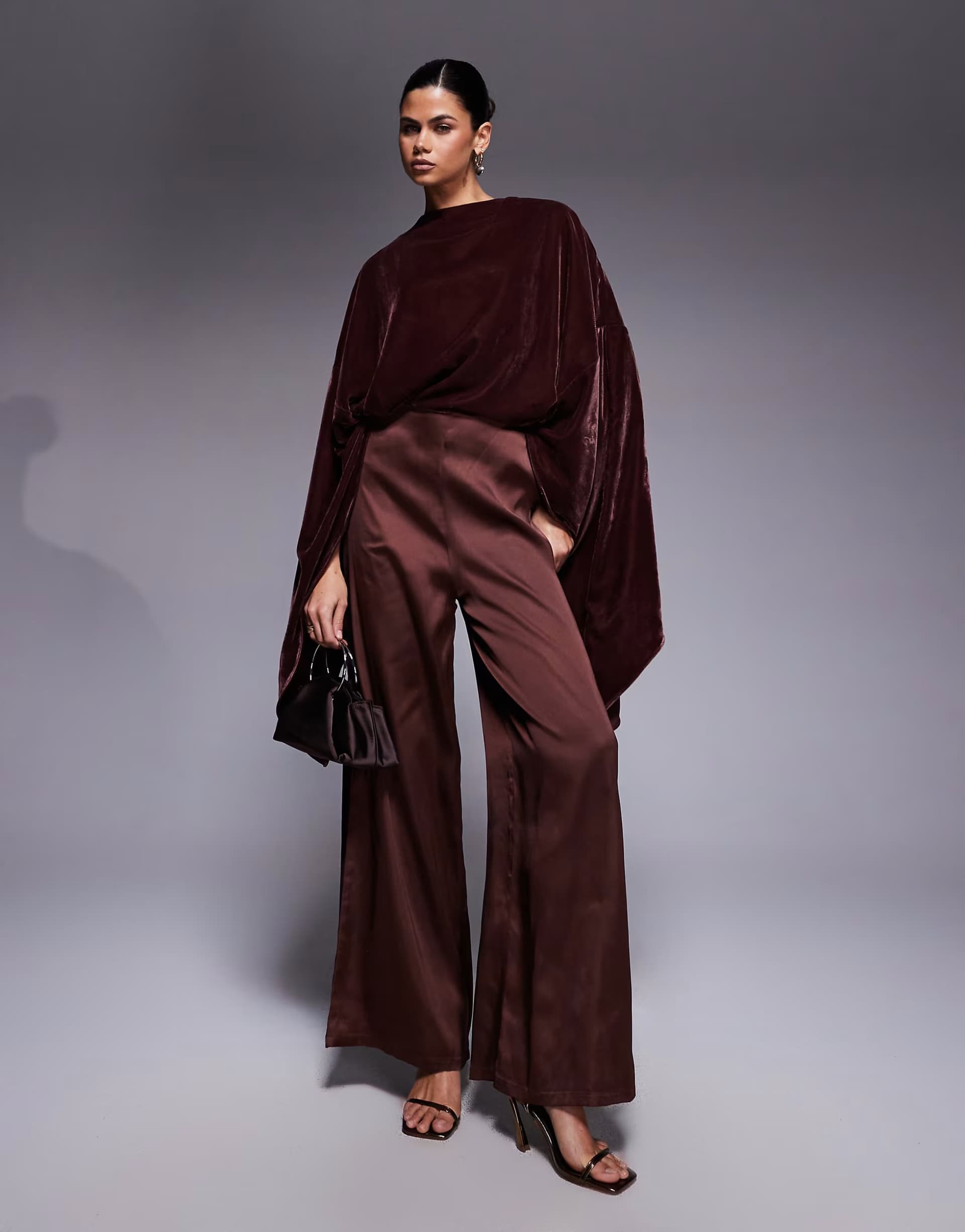 ASOS ASOS DESIGN velvet bodice satin wide leg jumpsuit in chocolate
