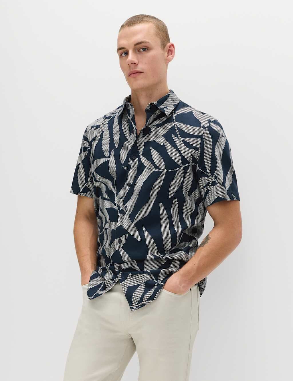 Marks & Spencer M&S Pure Cotton Floral Short Sleeve Shirt Dark Navy