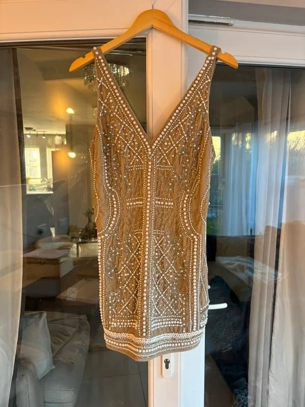 ASOS ASOS Design Pearl Embellished Velvet Mini Dress RRP £95 UK 8 Beige