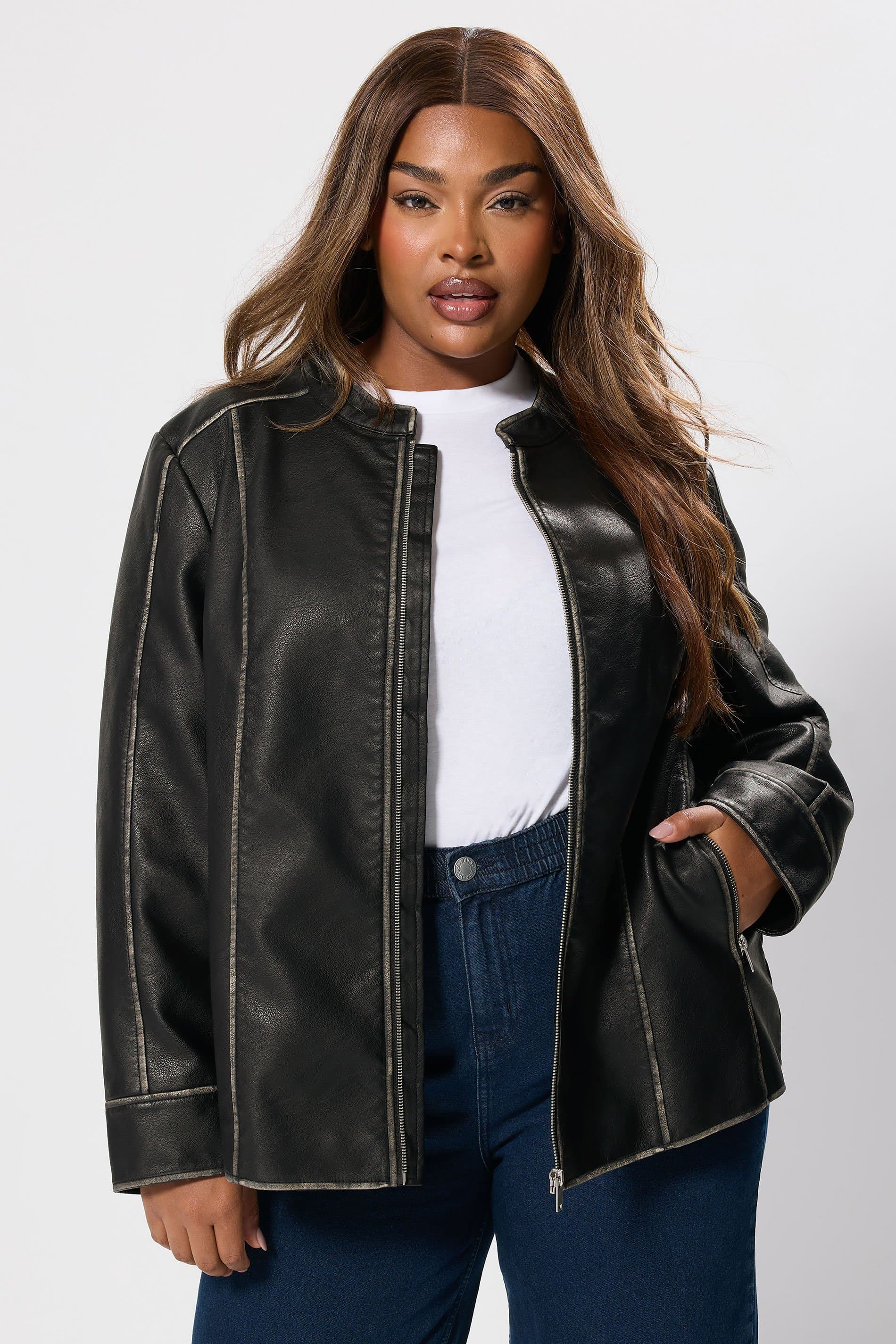 Yours Plus Size Grey Washed Faux Leather Jacket