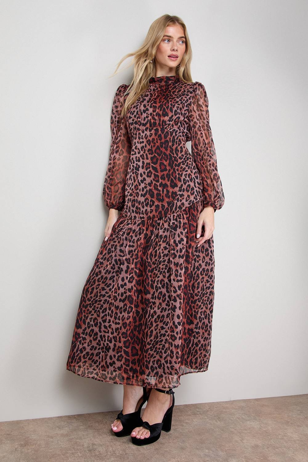 Oasis Oasis Women's Printed Dropped Curved Waist Long Sleeve Maxi Dress in Animal - 2