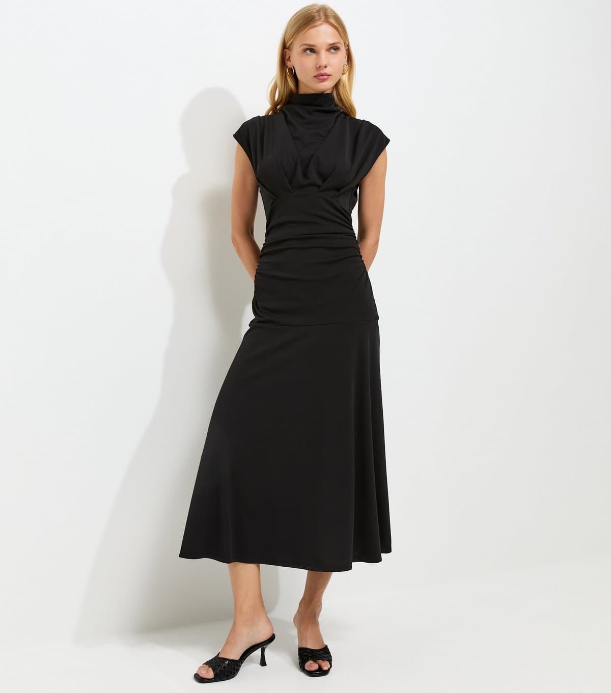 New Look Women's Black High Neck Ruched Waist Midi Dress New Look