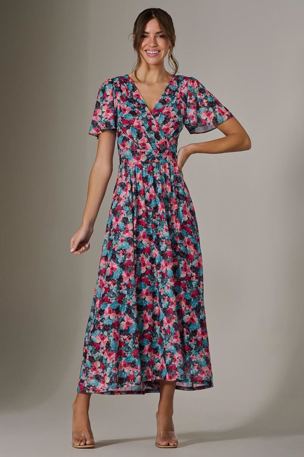 Jolie Moi Jolie Moi Women's Gracelyn Wrap Front Mesh Maxi Dress in Teal - 2