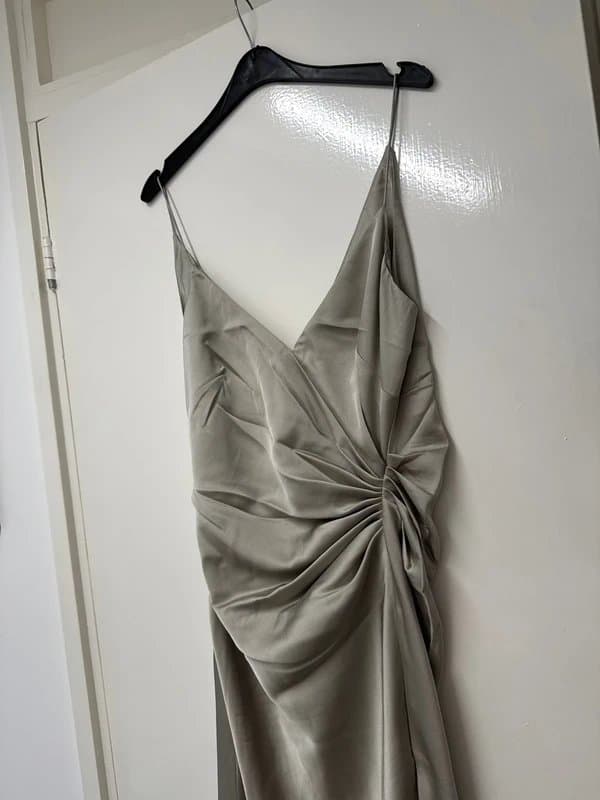 ASOS ASOS edition design satin cami maxi dress with drape detail sage green bridesmaid