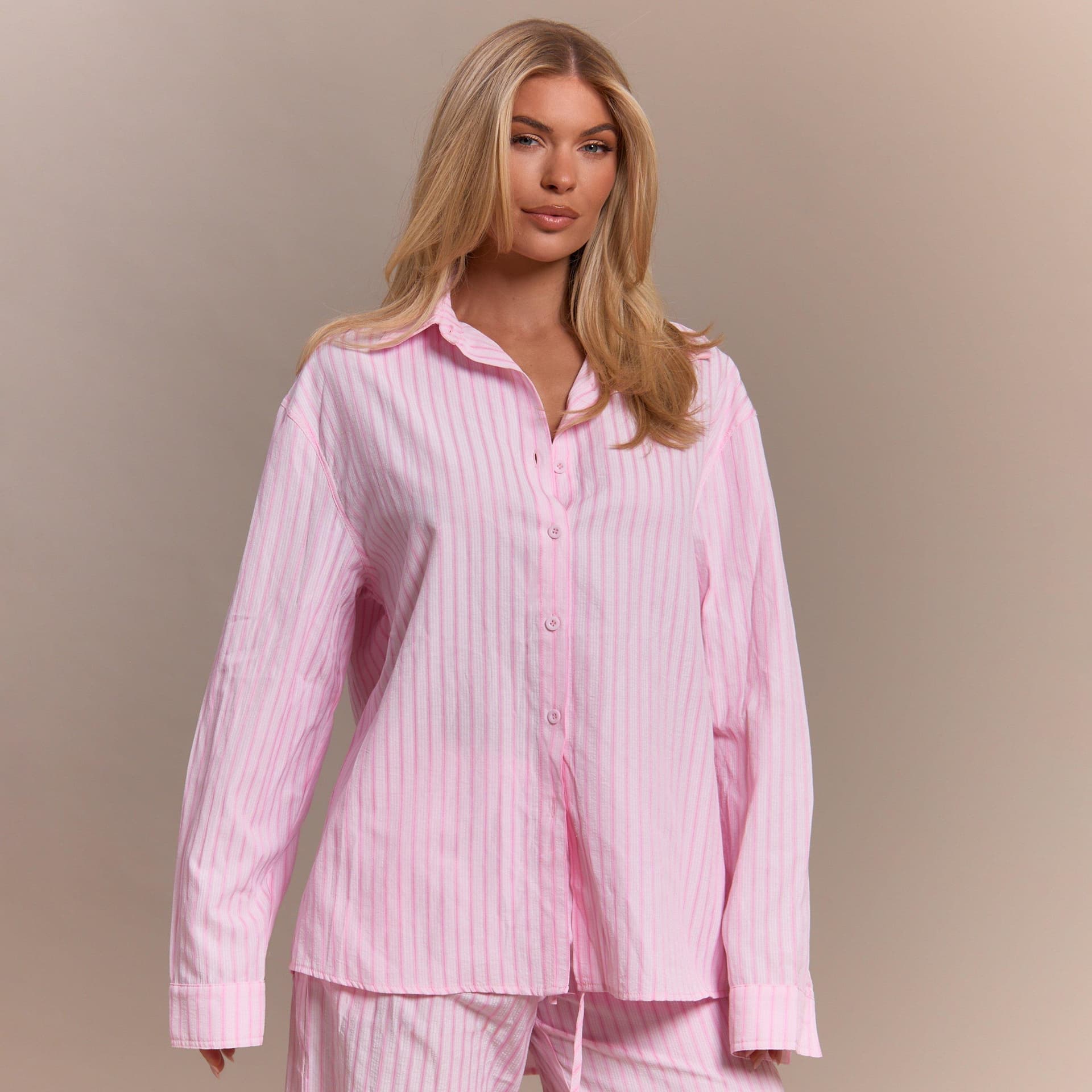 EGO Long Sleeve Oversized Poplin Shirt In Pink Stripe, Women's Size UK 6