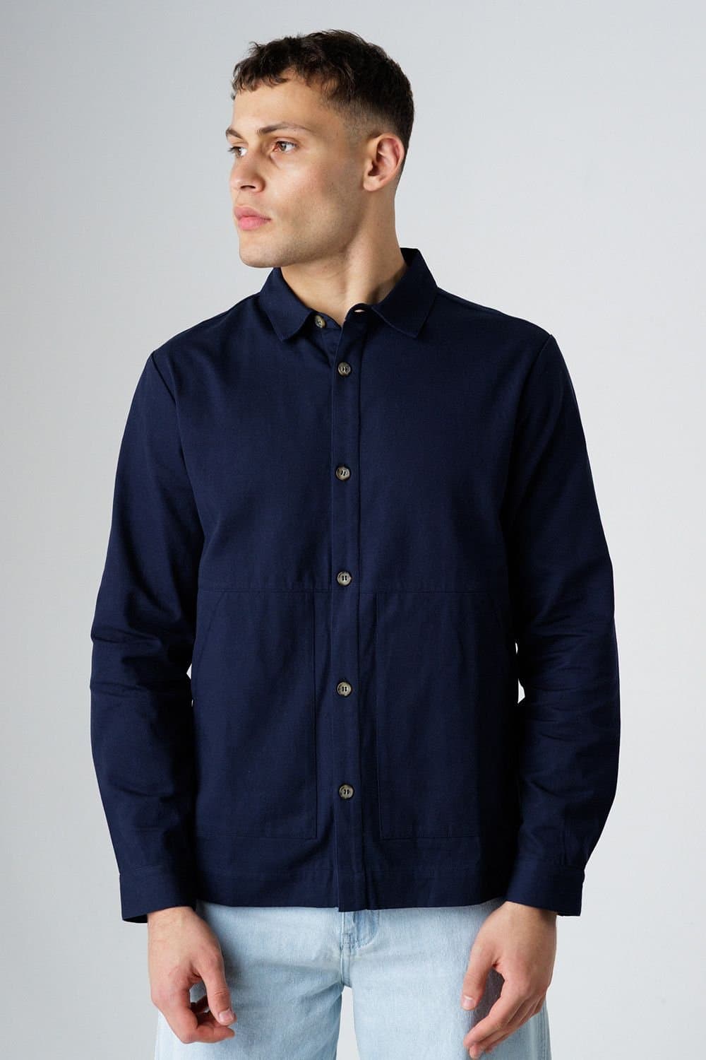 Influence Influence Men's Cotton Utilitarian-Style Long Sleeve Button Overshirt in Navy