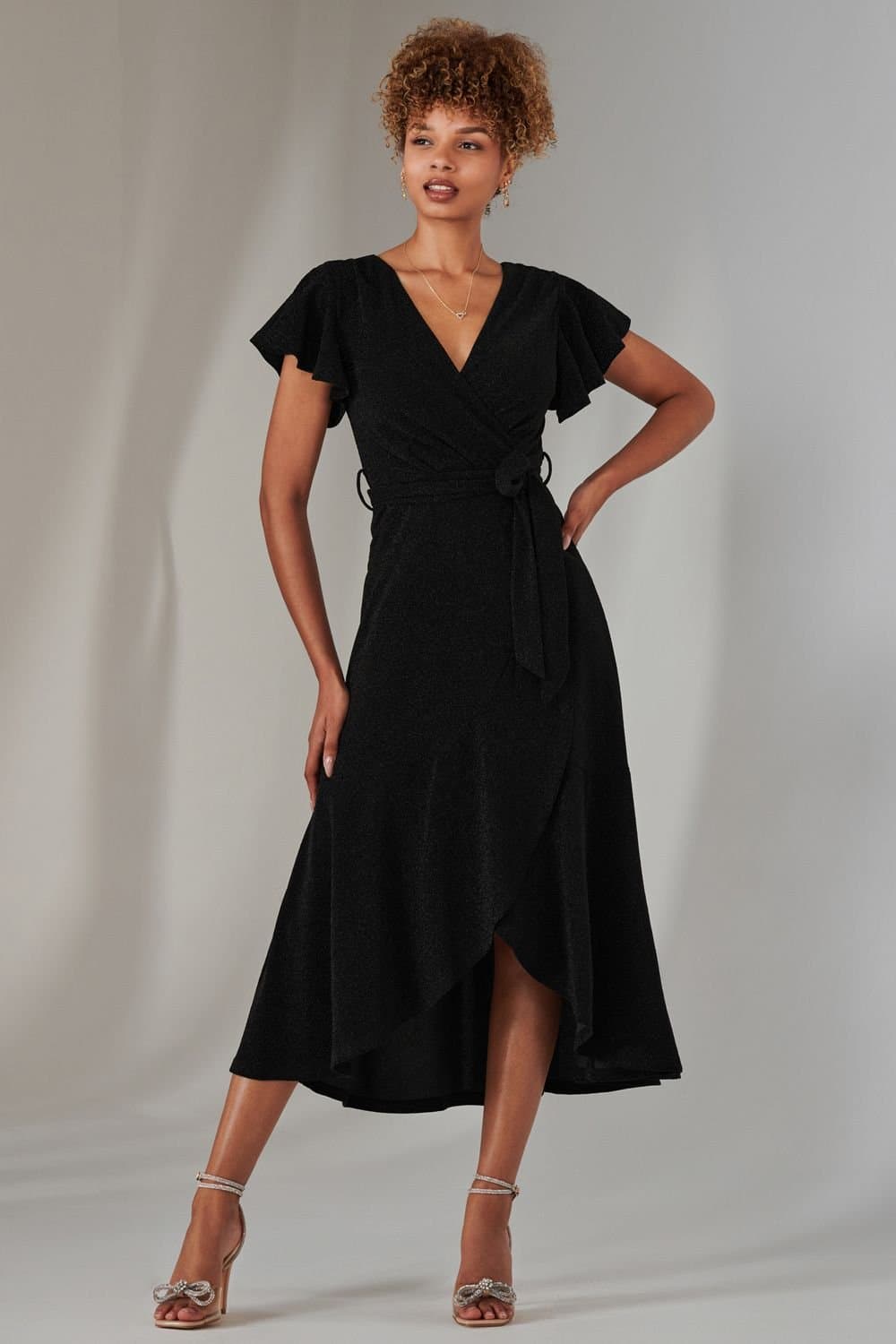 Jolie Moi Jolie Moi Women's Marlie Metallic Angel Sleeve Maxi Dress in Black