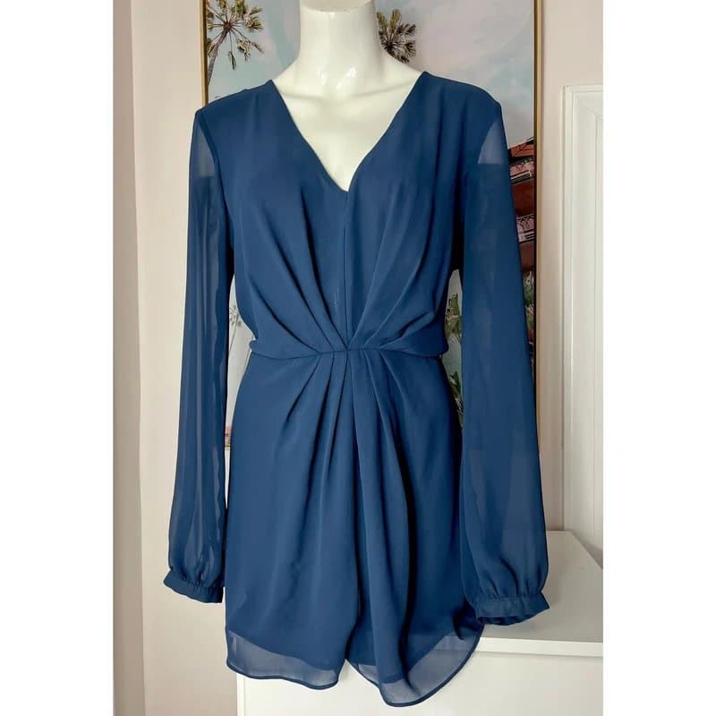 Topshop Topshop Navy Blue Chiffon Pleated Front Flowy Playsuit Romper Size 12 Large