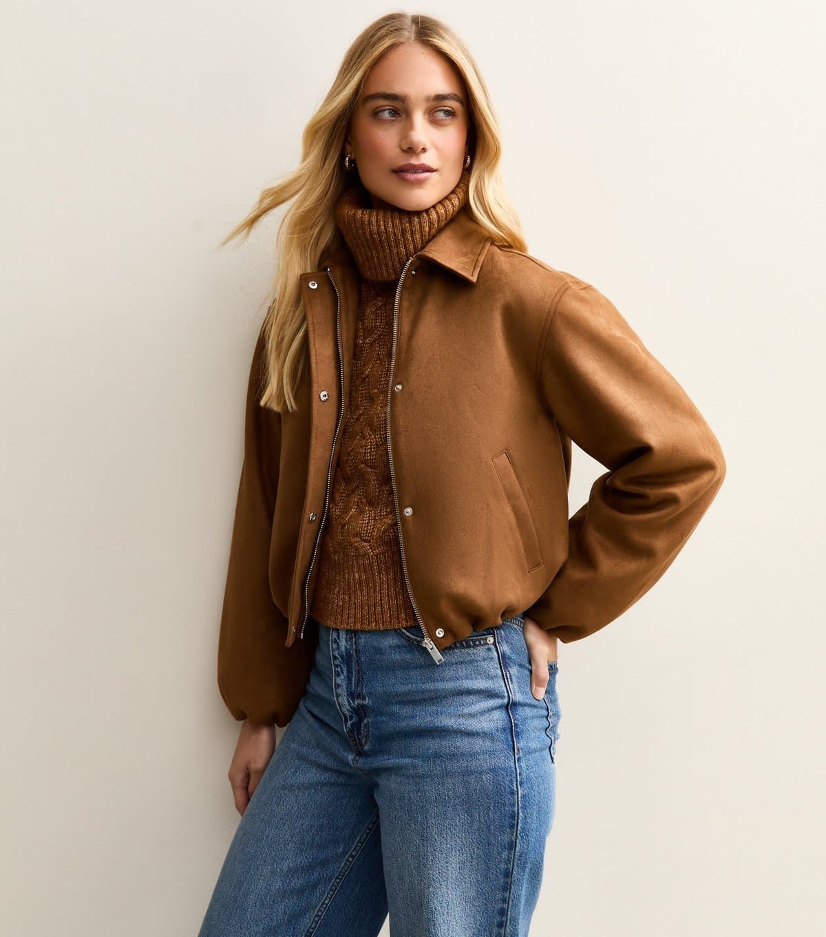 New Look Women's Tan Faux Suede Bubble Hem Jacket New Look