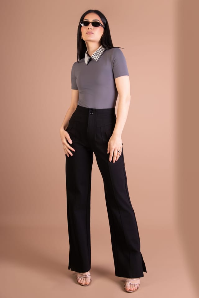 BALOU BALOU Women's Pearl Collar Top Steel Grey - 2