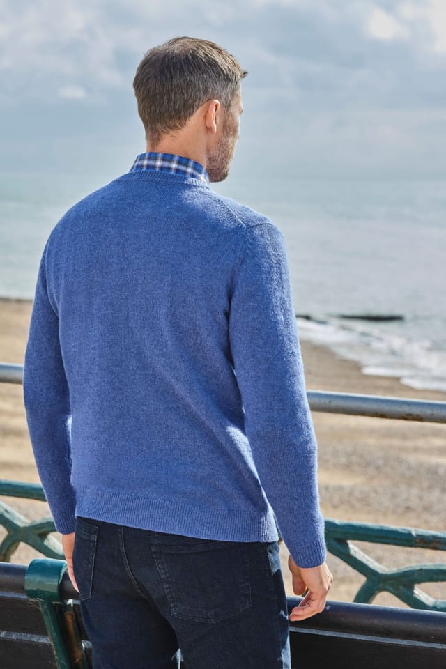 WoolOvers WoolOvers Men's Lambswool Classic Crew Jumper in Mid Blue - 2