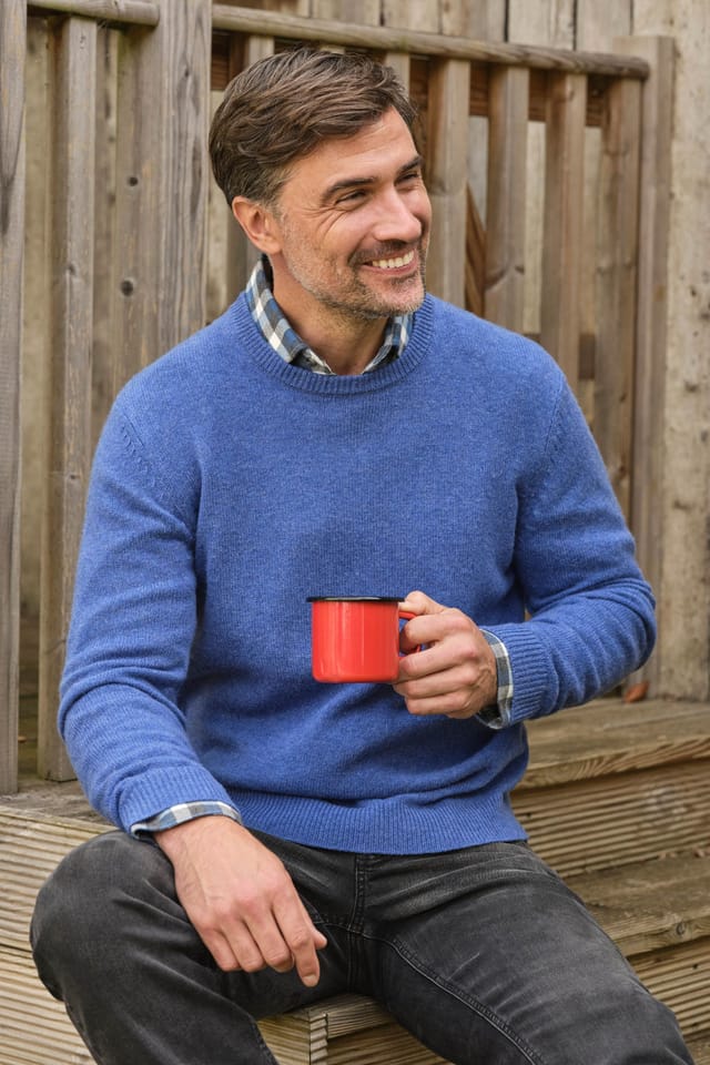 WoolOvers WoolOvers Men's Lambswool Classic Crew Jumper in Mid Blue - 3