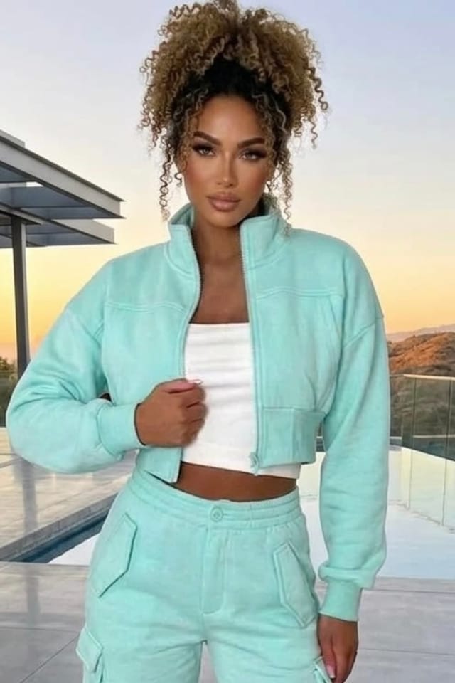 STYLEWISE STYLEWISE Women's Cropped Zip Sweatshirt & Cargo Trouser Tracksuit Co-ord in Mint - 2