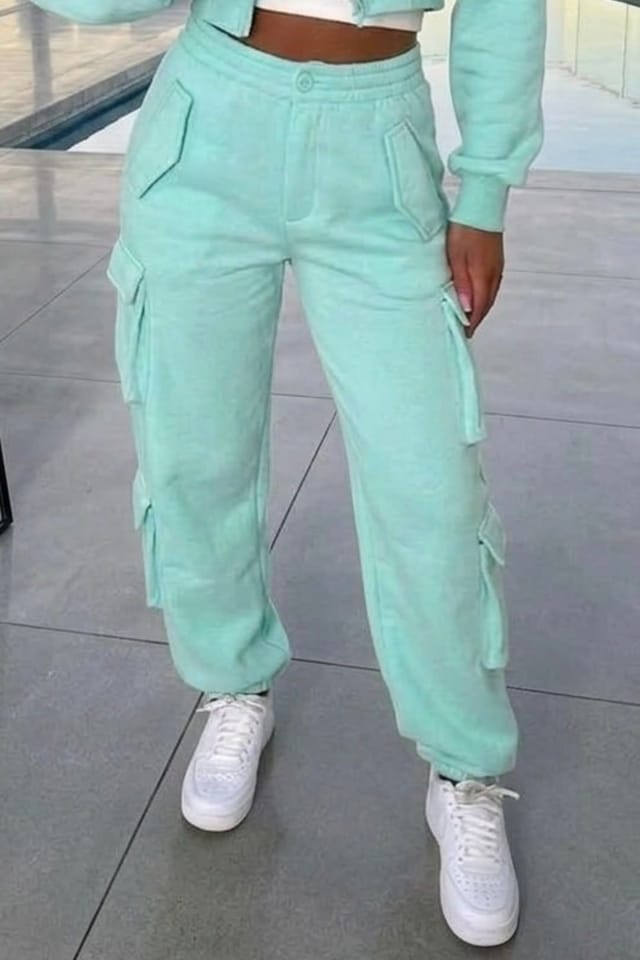 STYLEWISE STYLEWISE Women's Cropped Zip Sweatshirt & Cargo Trouser Tracksuit Co-ord in Mint - 3