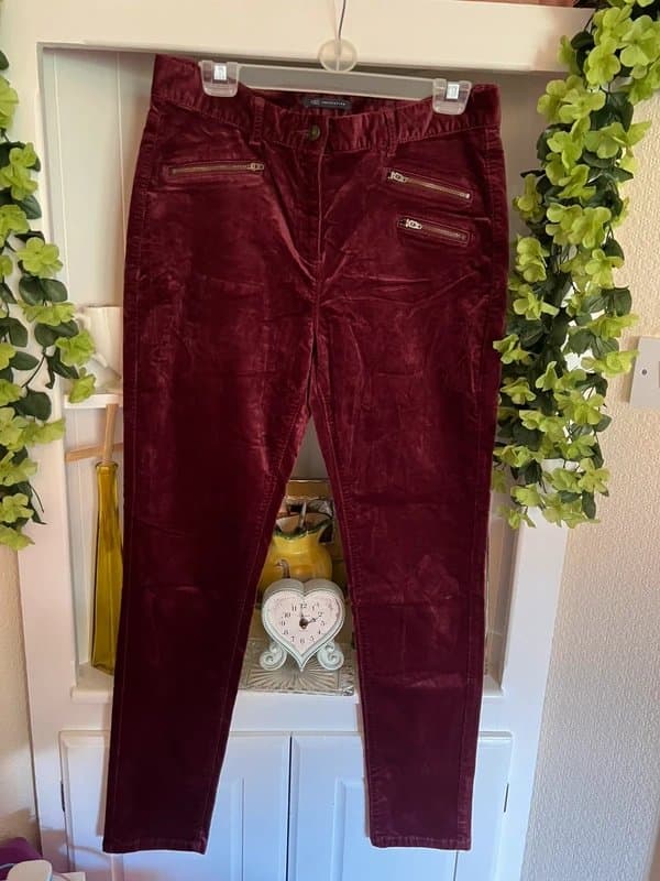 Marks & Spencer M&S Collection Brushed Velvet Skinny Trouser’s - Zip- Pockets at Front - Size 14 - Maroon