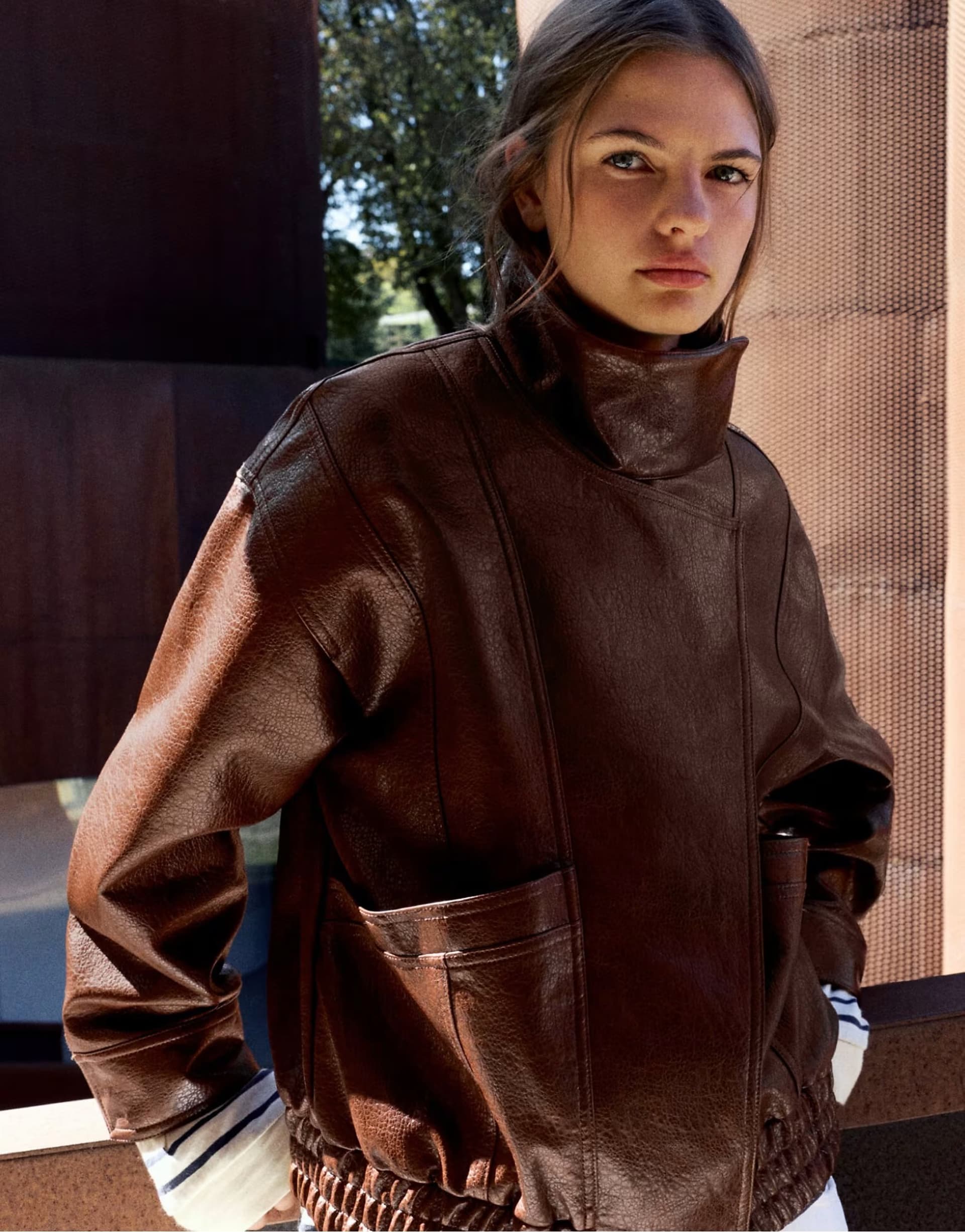 ASOS Pull&Bear Leather effect boxy jacket in brown