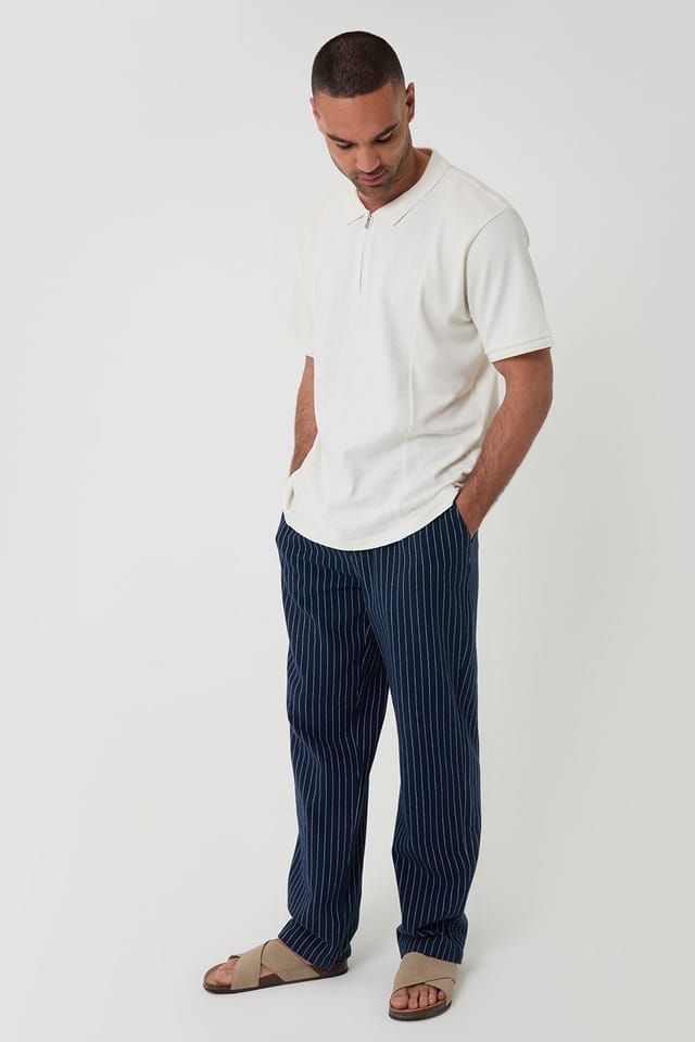Threadbare Threadbare Men's Stripe Straight Leg Cotton Trousers in Navy - 3
