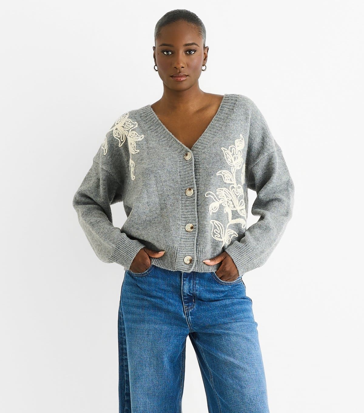 Gini London Women's Grey Floral Embroidered Cardigan Gini London New Look
