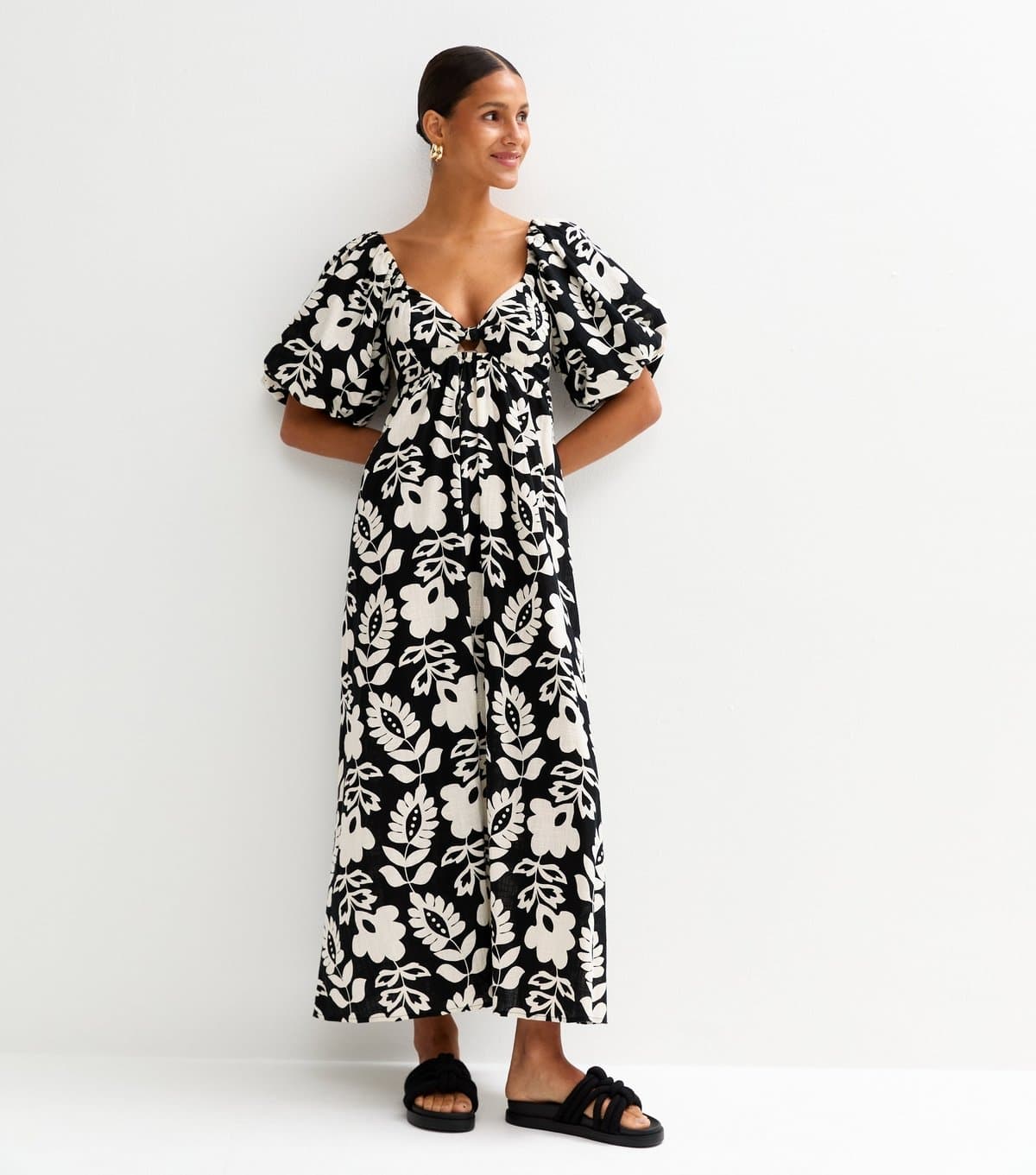 New Look Women's Black Folk Floral Print Puff Sleeve Midi Dress New Look