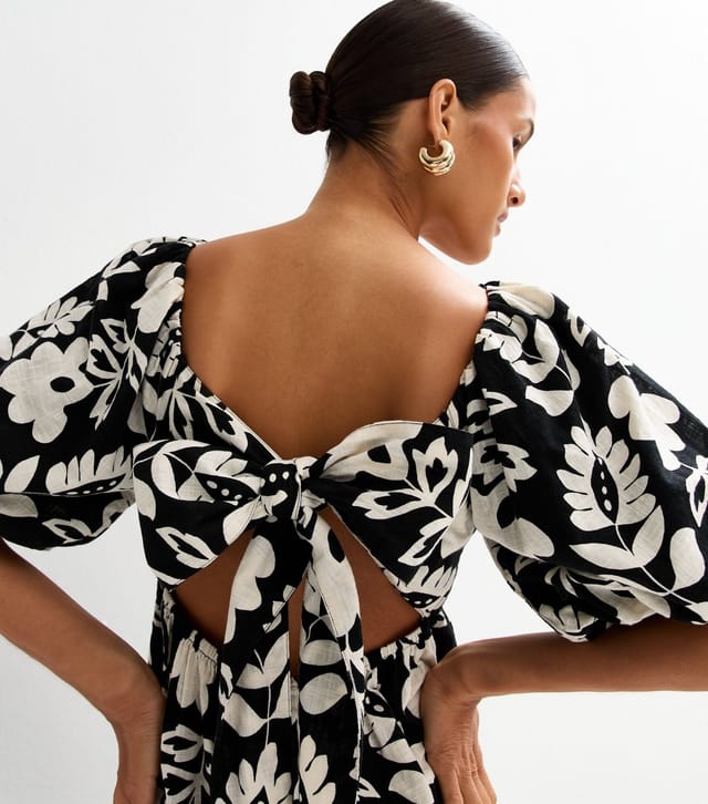New Look Women's Black Folk Floral Print Puff Sleeve Midi Dress New Look - 2