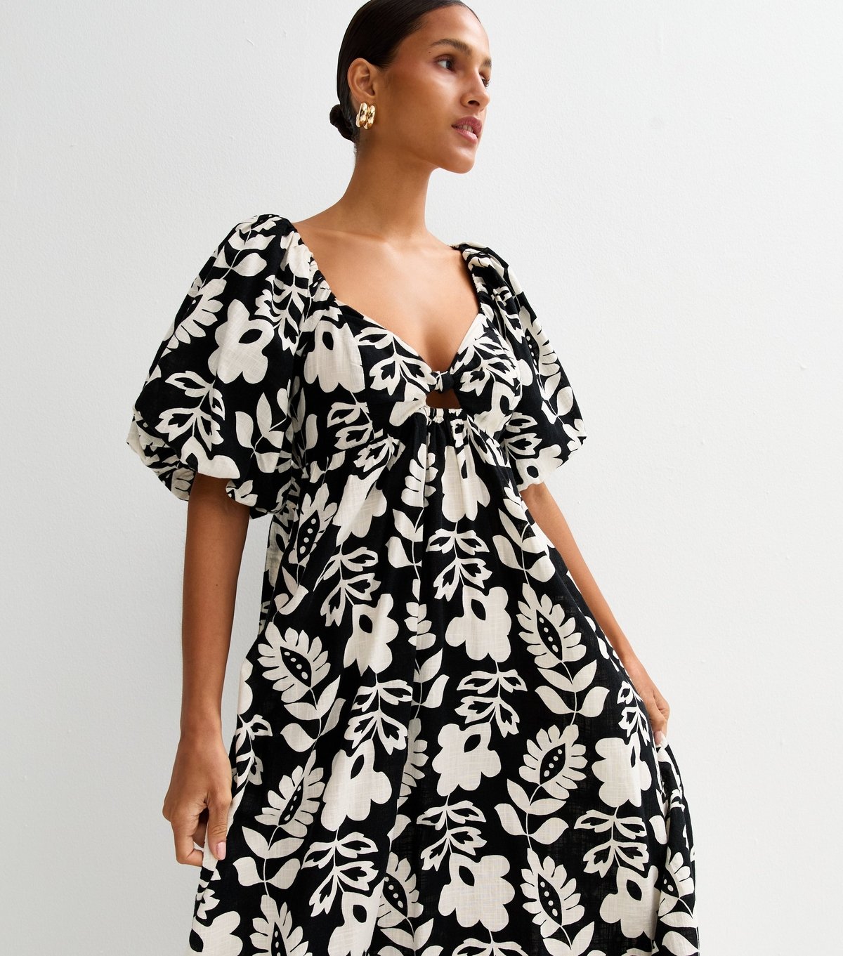 New Look Women's Black Folk Floral Print Puff Sleeve Midi Dress New Look - 3