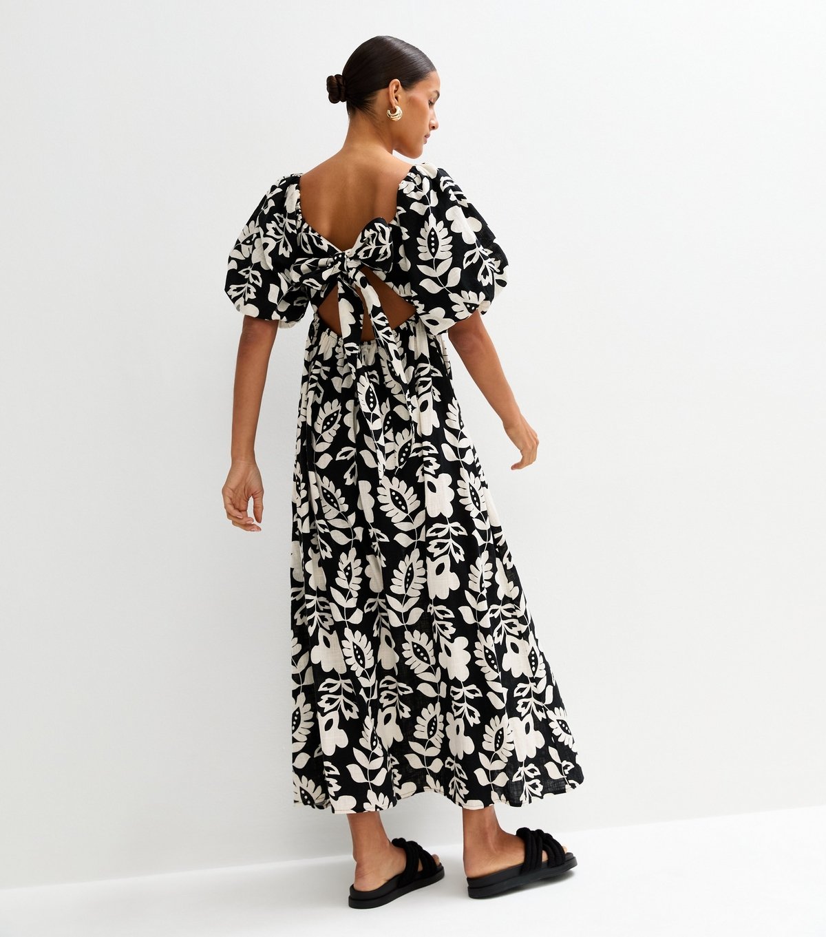 New Look Women's Black Folk Floral Print Puff Sleeve Midi Dress New Look - 4