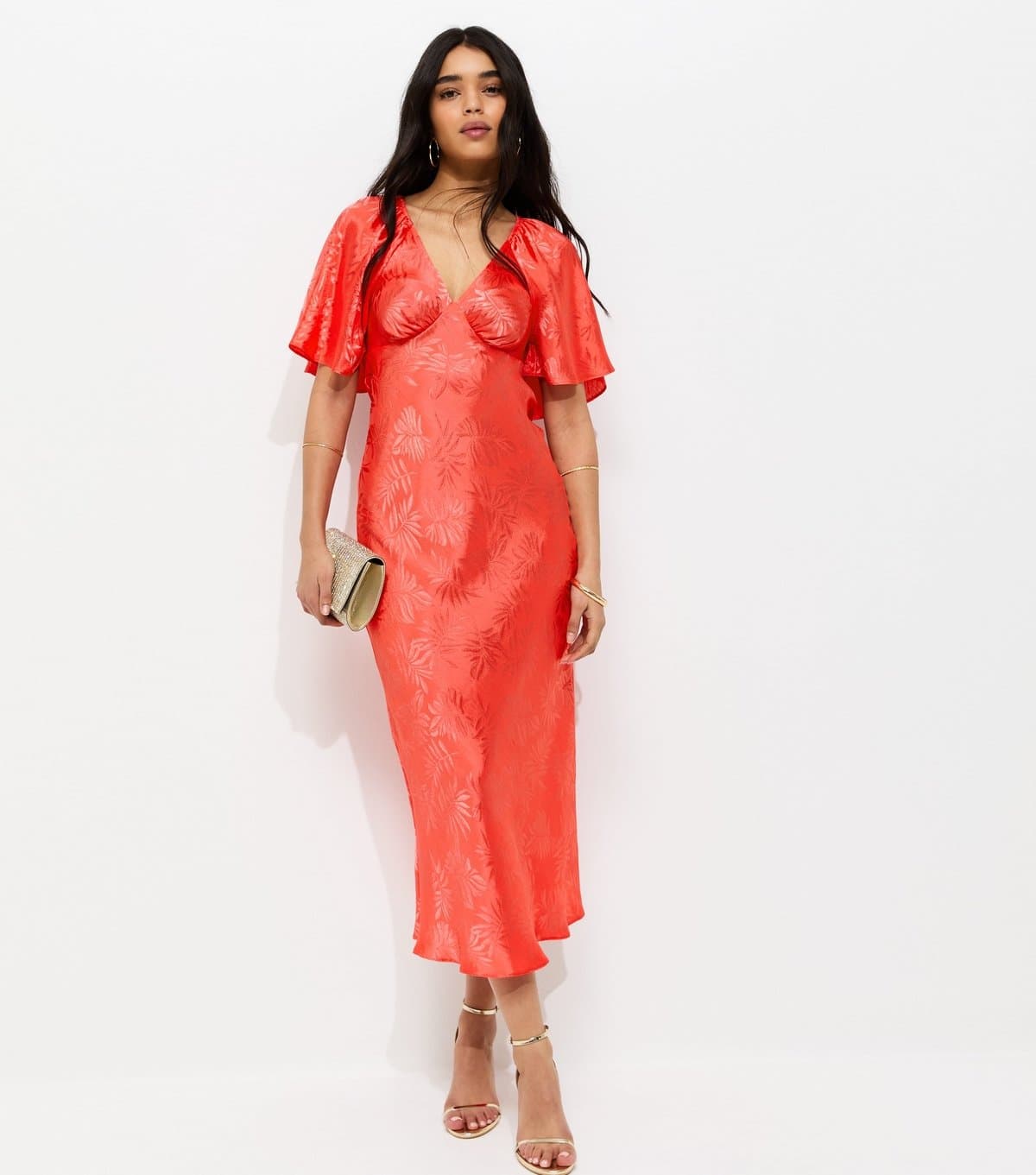 New Look Women's Dark Coral Palm Leaf Jacquard Flutter Sleeve Midi Dress New Look