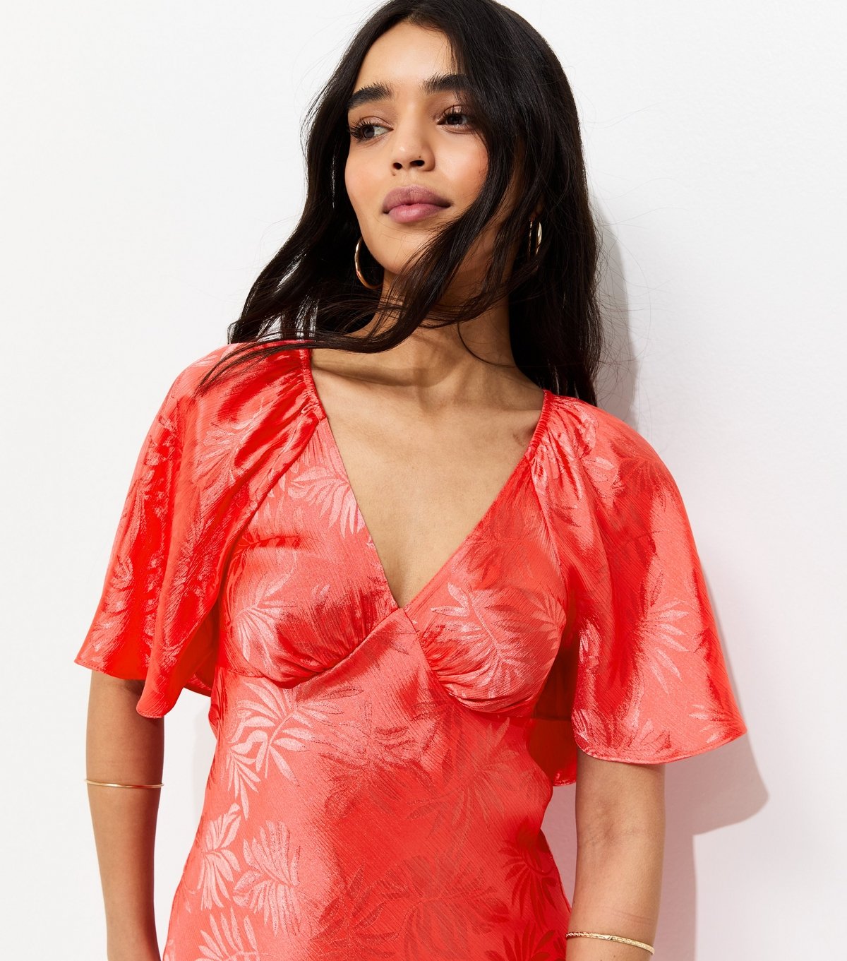 New Look Women's Dark Coral Palm Leaf Jacquard Flutter Sleeve Midi Dress New Look - 2