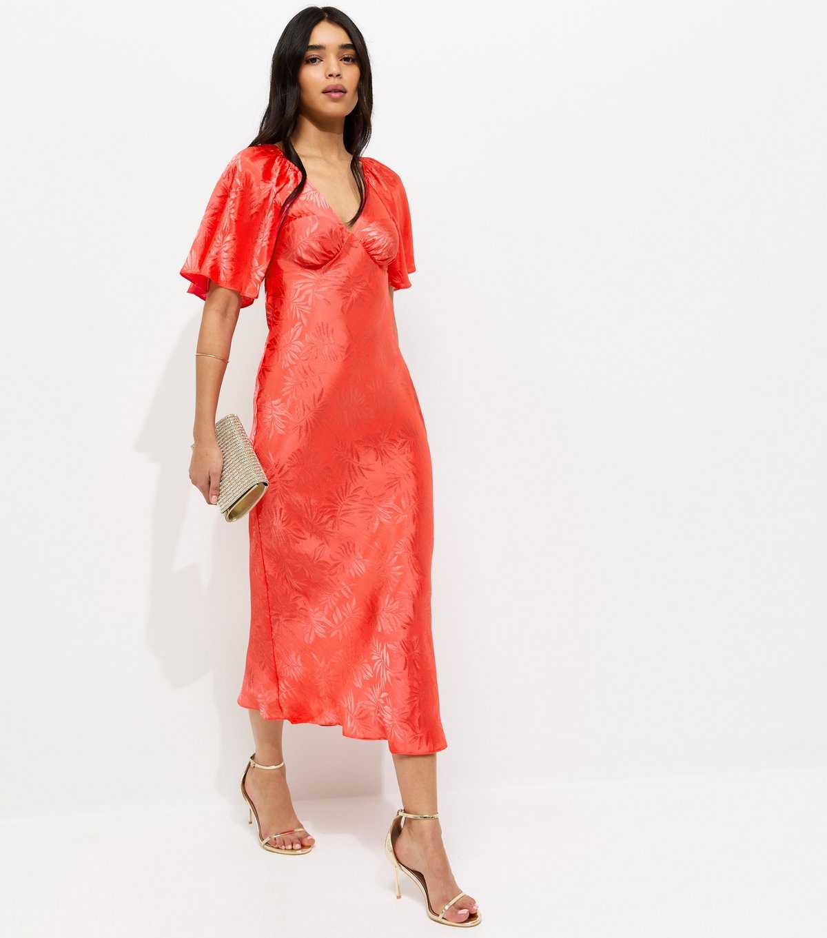 New Look Women's Dark Coral Palm Leaf Jacquard Flutter Sleeve Midi Dress New Look - 3