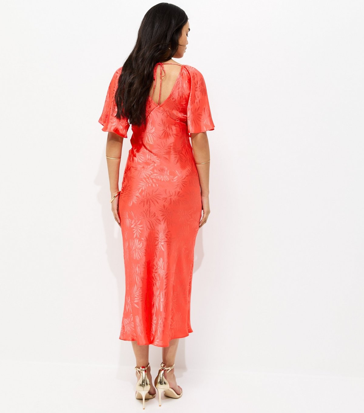 New Look Women's Dark Coral Palm Leaf Jacquard Flutter Sleeve Midi Dress New Look - 4