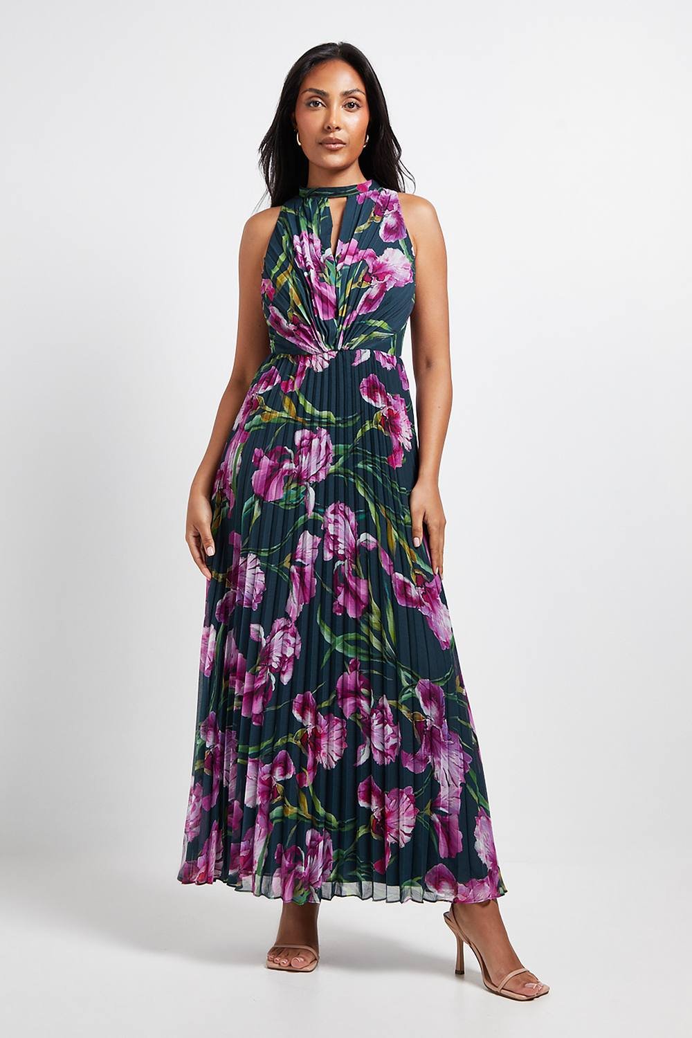 Wallis Wallis Women's Petite Floral Print Pleated Maxi Dress in Green - 2