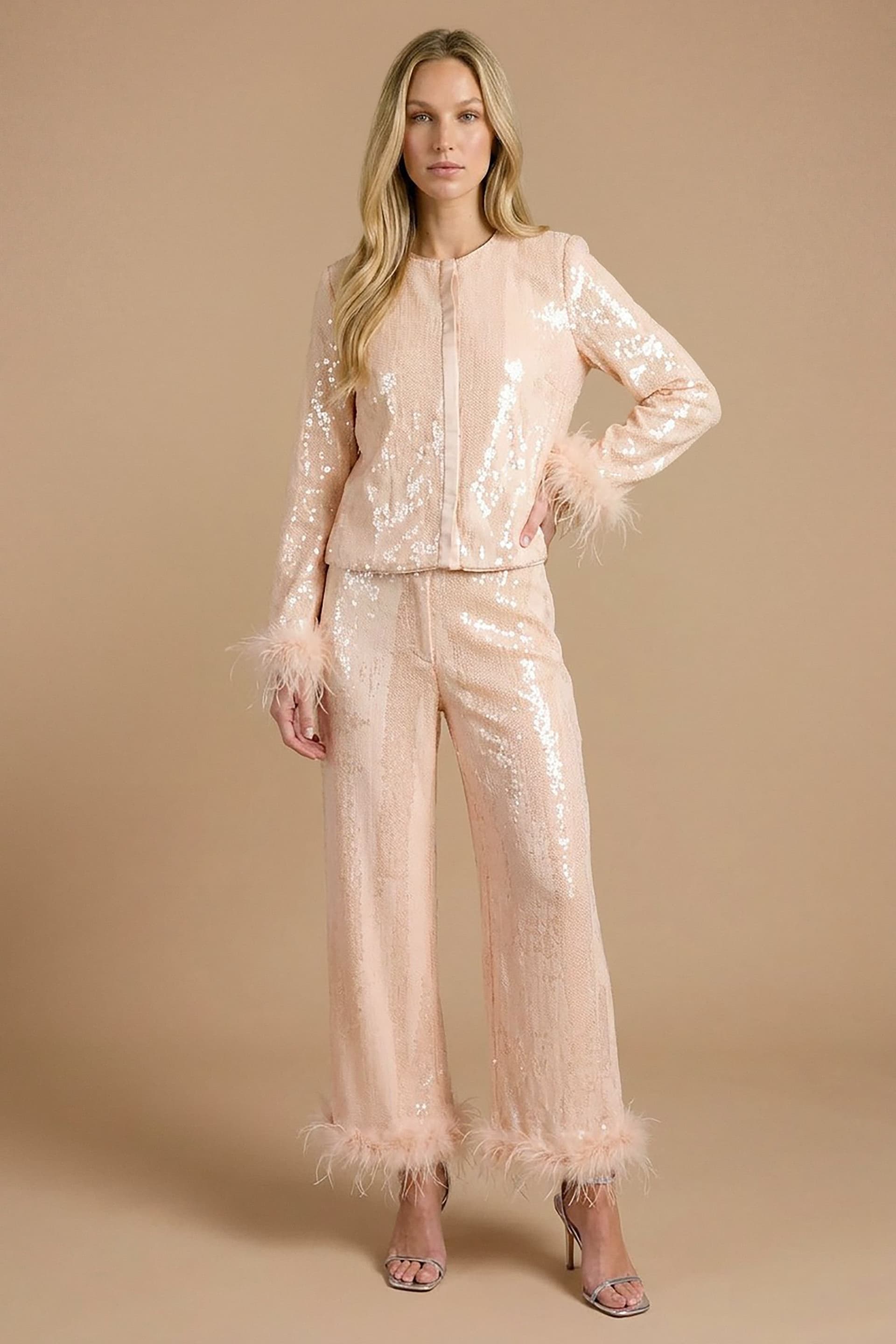Oasis Oasis Women's Hen High Waisted Sequin Feather Trim Trouser in Champagne