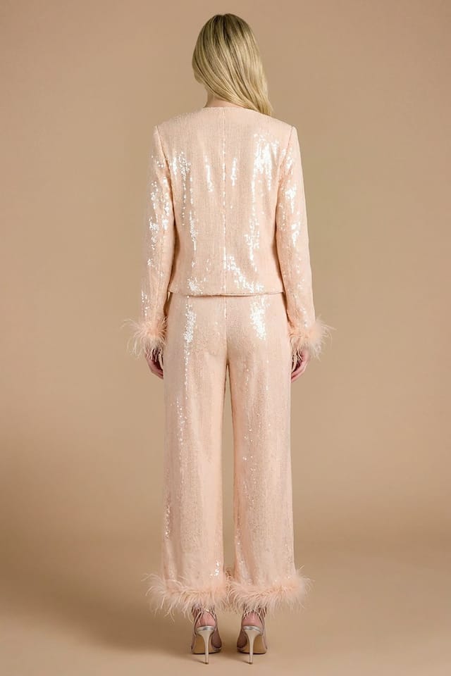 Oasis Oasis Women's Hen High Waisted Sequin Feather Trim Trouser in Champagne - 2