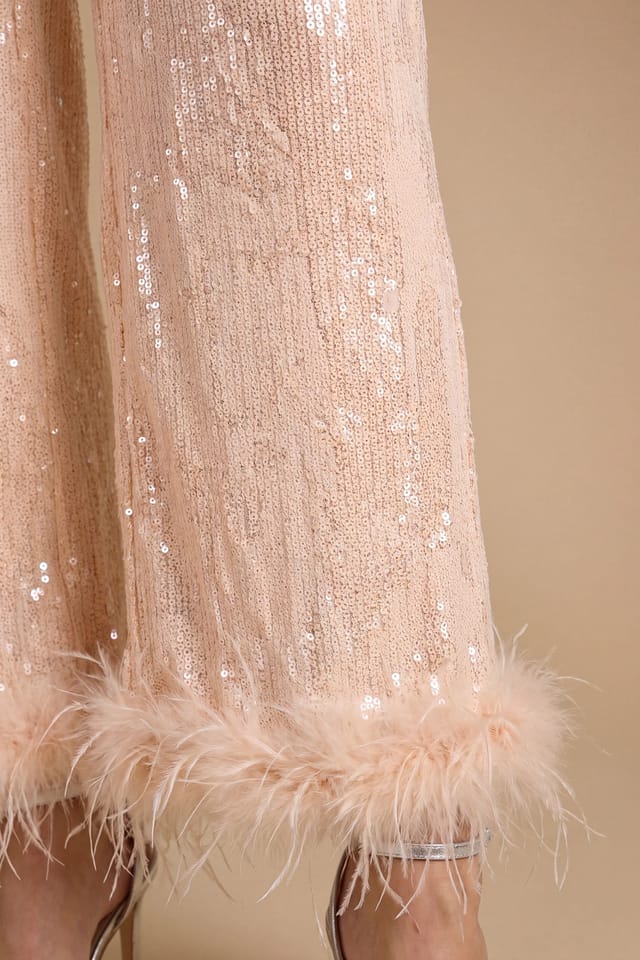 Oasis Oasis Women's Hen High Waisted Sequin Feather Trim Trouser in Champagne - 3