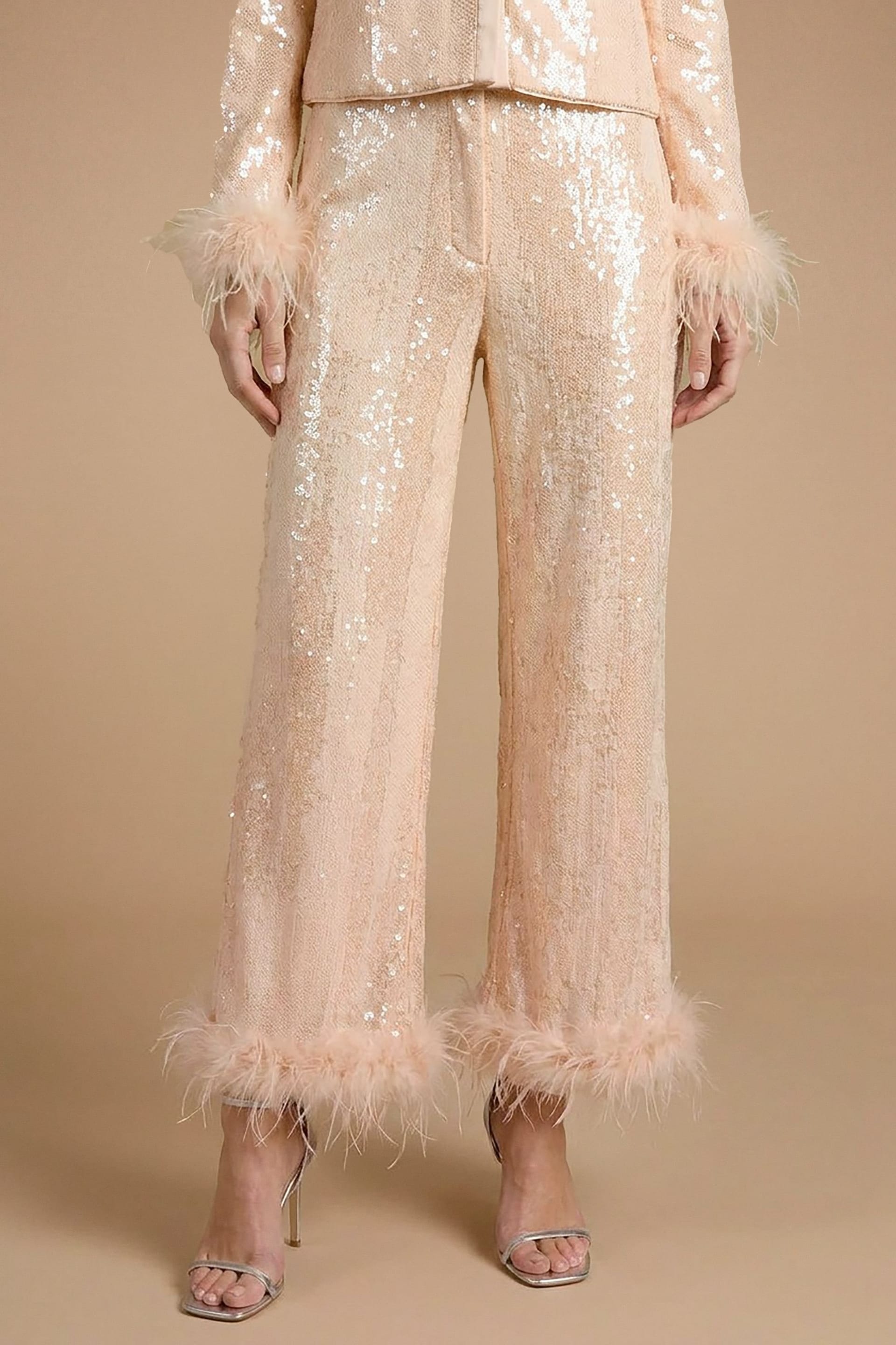 Oasis Oasis Women's Hen High Waisted Sequin Feather Trim Trouser in Champagne - 4