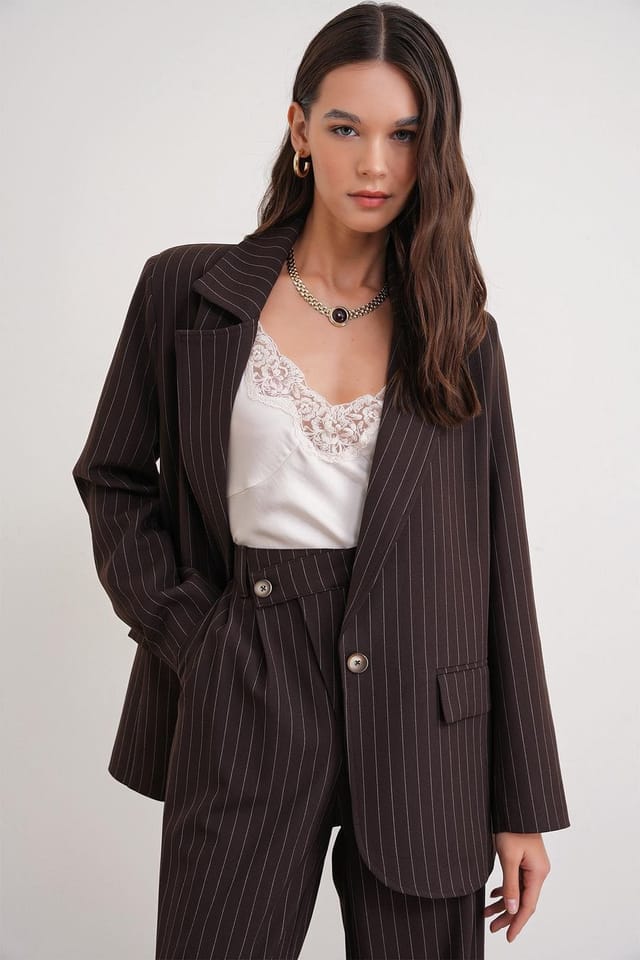 MixRay MixRay Women's Striped Oversize Blazer in Dark Brown - 3